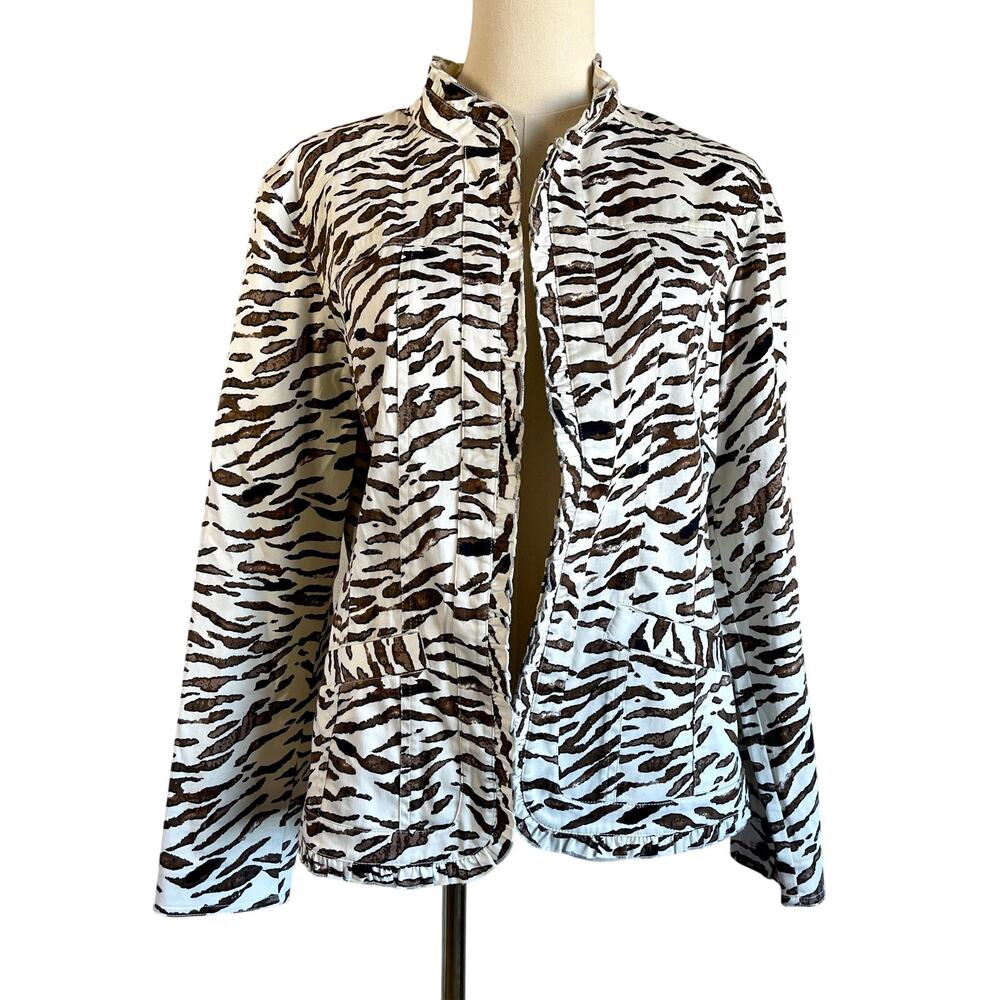 Chico’s Playful Paw Animal Zebra Print Ruffle Stretch Chino Open Jacket M 8-10